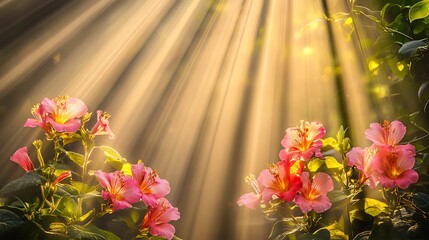 Sun rays illuminate vibrant pink flowers with green foliage