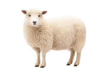Fluffy white sheep standing against white background, cut out
