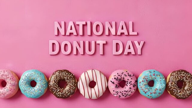 Graphic border of colorful donuts with embossed title for national donut day visual