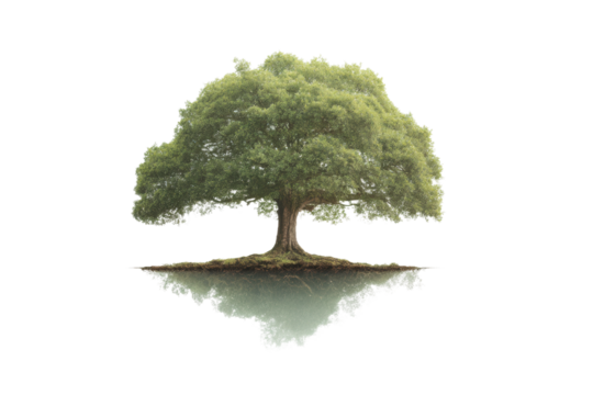 Majestic tree with mirror reflection on calm water, cut out