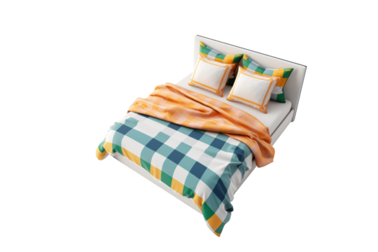 A top-down view of a bed with a teal, orange, and green checkered duvet and matching pillows. background removed