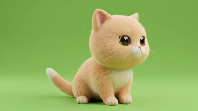 Sweet Cartoon Kitten with Yellow Fur Sitting Calmly and Looking Curious on Green Background