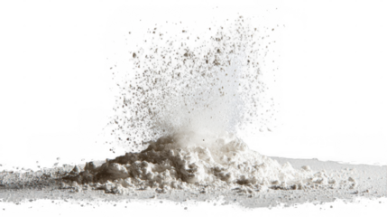 White flour is dusting the surface during preparation, creating a cloud of fine particles against a transparent background, perfect for compositing into food related designs