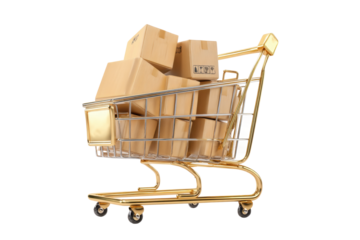 Golden shopping cart filled with cardboard boxes on white background, cut out