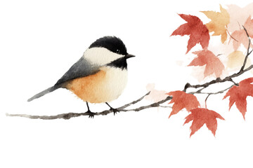 Watercolor chickadee on branch with autumn leaves, cut out