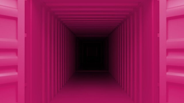 Dark metal shipping container doors slowly opening against magenta background, revealing interior and highlighting global freight logistics and international trade transportation method