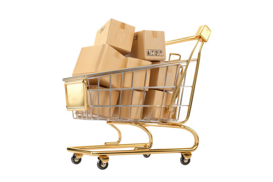 Golden shopping cart filled with cardboard boxes on white background, cut out