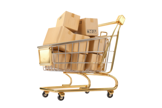 Golden shopping cart filled with cardboard boxes on white background, cut out