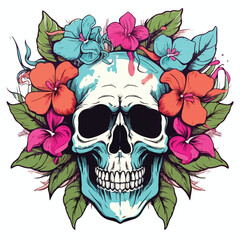 Elegant Skull with Leaves and Flowers Vector Illustration for Graphic Design Projects