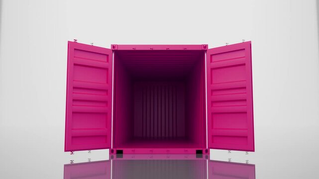Pink intermodal shipping container gradually opening metallic doors, revealing spacious interior against white background, showcasing global logistics and international trade processes