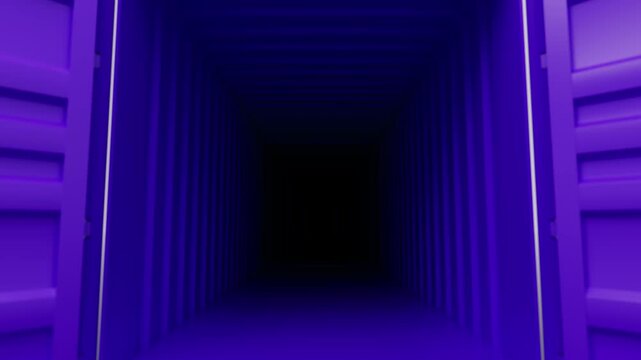 Purple intermodal shipping container rotating and opening metal doors, revealing shadowy interior against white background, showcasing global logistics and freight transport concept