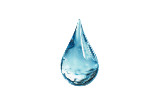 Realistic clear blue water droplet on black background capturing fluid dynamics, cut out