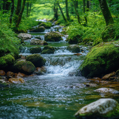 Clear stream meandering through serene woods.