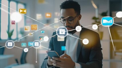 Connected businessman using phone with digital icons representing innovative application - Powered by Adobe