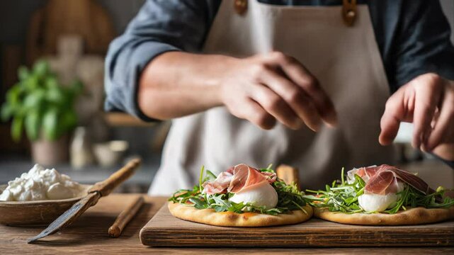 A chef's hands delicately placing prosciutto on a freshly baked flatbread topped with arugula and burrata, in a cozy kitchen setting.