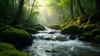  Serene forest stream with mossy rocks and sunlight, peaceful nature background for relaxation or eco visuals
