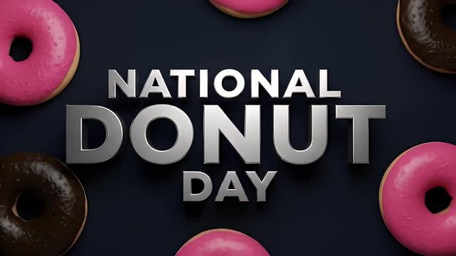 Bold chrome text with dramatic lighting over graphic donuts for national donut day theme