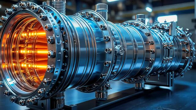 Industrial shell and tube heat exchanger in a modern facility, glowing with warm orange lights, detailed metallic surfaces, and futuristic atmosphere