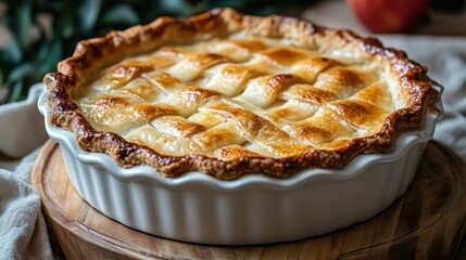 Baked apple pie in a white dish