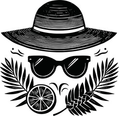 Silhouette of sunglasses and summer hat combo, vector style on white background