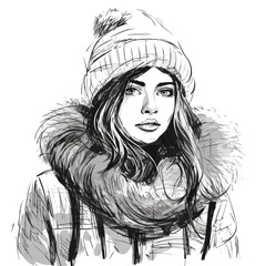 Fototapeta premium Professional Winter Fashion Scribble Vector Illustration Featuring Beautiful Young Girl