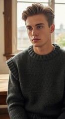 Obraz premium Portrait of a Young Man with Stylish Hair and Dark Sweater, Indoor Setting