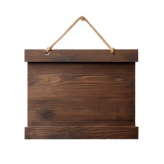 Wooden signboard with a rustic finish, suspended by a rope