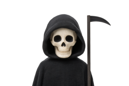 Grim reaper with scythe: hooded skeleton symbolizing death and mortality, cut out