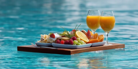 A tray of food is floating on a body of water. There are two glasses of orange juice on the tray