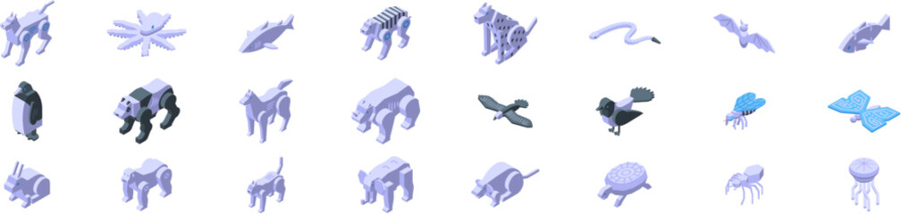 Mechanical animals icons set. Collection of robotic animals showcasing biomimicry and the cutting edge of robotics technology © ylivdesign