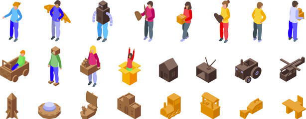Kids cardboard boxes icons set. Kids engaging in imaginative play, using cardboard boxes to create various objects, fostering creativity and resourcefulness