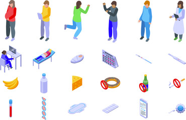 Pregnancy planning icons set. Isometric icons representing various aspects of pregnancy, including medical checkups, lifestyle changes, and expecting parents