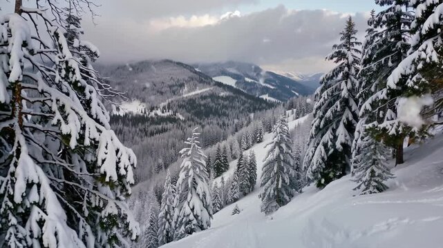 Paesaggio di montagna con la neve che cade sugli alberi zoom in avanti