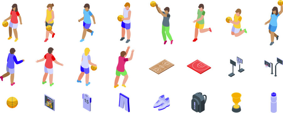 Children playing basketball icons set. Diverse characters engaging in basketball with sports gear and accessories