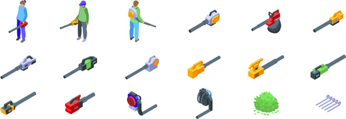 Blower leaves icons set. Gardeners blowing leaves and cleaning green areas with leaf blowers