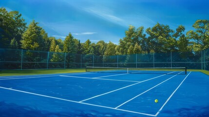 Blue Tennis Court Summer Day Outdoor Recreation Sport Activity Healthy Lifestyle Tennis Ball Net Fence Green Trees Sunny Sky Vibrant Colors Bright Scene Peaceful Tranquil Atmosphere Relaxing Image    