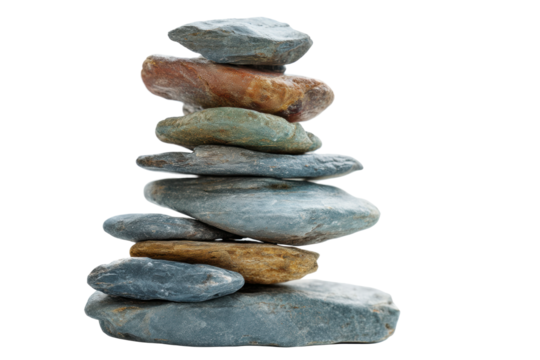 Balanced stack of multicolored stones on white background, cut out