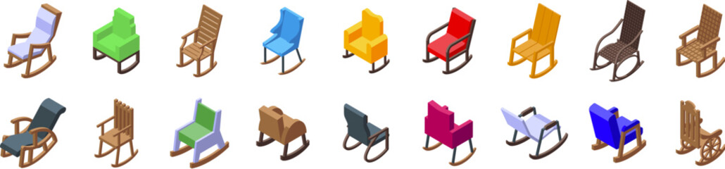 Rocking chair icons set. Collection of rocking chairs presenting diverse designs, colors, and materials, ideal for relaxation and leisure