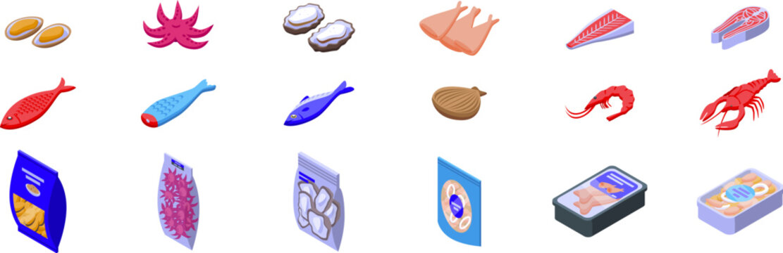 Frozen seafood icons set. Isometric seafood icons showcase various fresh and packaged fish, shellfish, and mollusks for culinary enjoyment