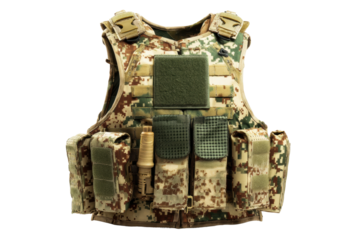 Camouflage tactical vest with gear attachments on black background, cut out