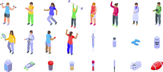 Steroid addiction icons set. Athletes undergoing doping tests with doctors and medical equipment for sports medicine and healthcare
