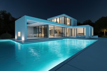 A large white house with a pool and a large glass door. The pool is lit up and the house is lit up as well. Scene is luxurious and inviting