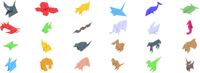 Origami paper animal icons set. Set of colorful origami animals, showcasing diverse wildlife through folded paper art