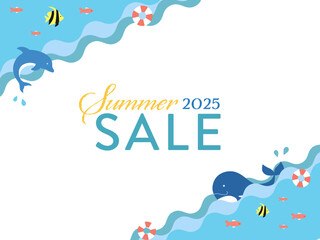 ポップな海の仲間たちの背景素材 ( 夏　フレーム　見出し　タイトル　セール　イルカ　クジラ　波　うみ　なつ )