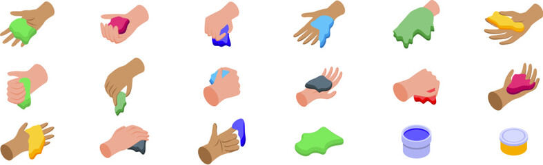 Hand holding slime icons set. Hands holding, squeezing, and interacting with colorful putty and slime in various ways