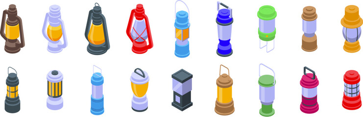 Camp lantern icons set. Collection of various colorful vintage lanterns © ylivdesign