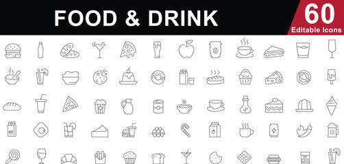 Food and Drink Line Icons Set. Restaurant, Cafe, Beverages and Meal Symbols. Editable vector line icons