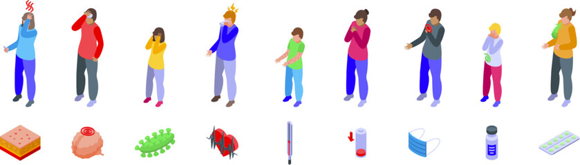 Fototapeta premium Meningitis symptoms icons set. Isometric set of people with symptoms of viral disease, virus cells, medical equipment and medicine icons