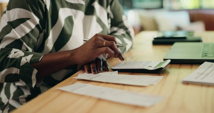 Woman, hands or home audit with calculator for accounting, financial planning or budget. Female person, receipt or invoice with calculation, payslip or tax for finance, expenses or bills at house