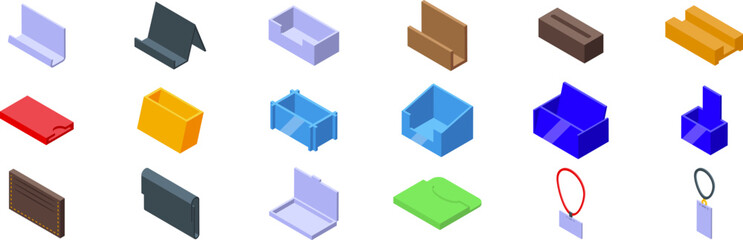 Business card holder icons set. Collection of holders keeping stationery, smartphones, and employee name badges organized